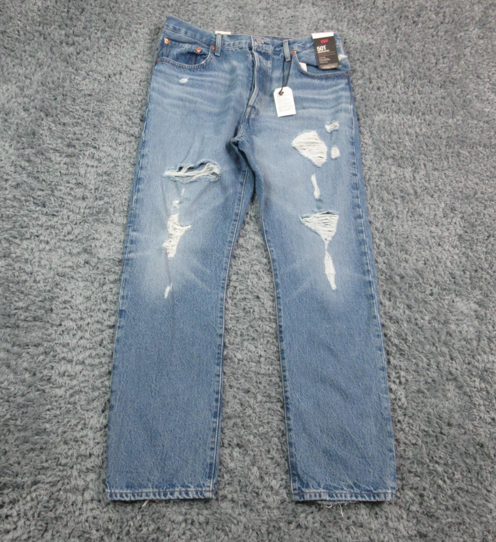 Levis 501 Jeans Mens 33x30 Blue Distressed Denim Straight Button Fly 34x29* NWT